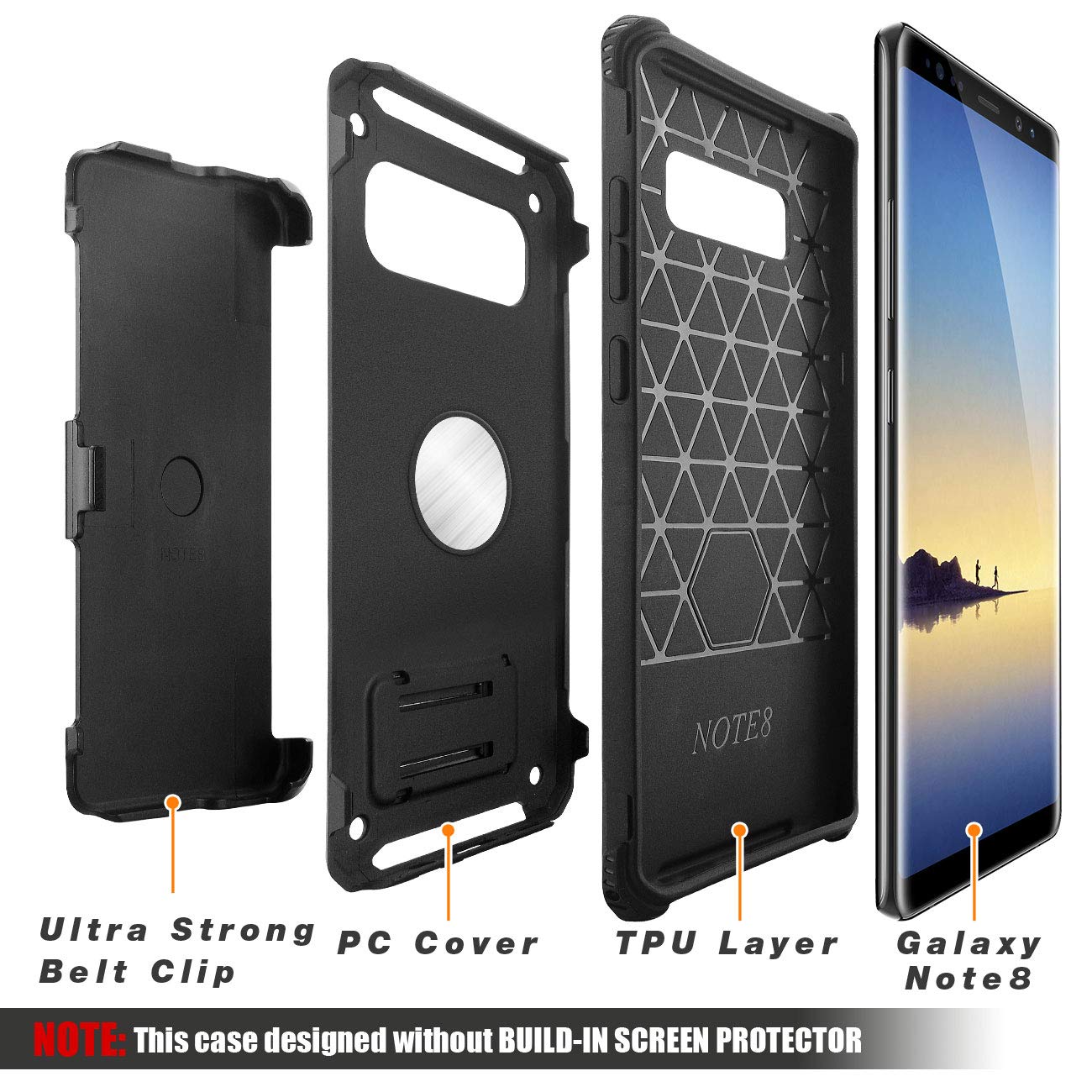 Galaxy Note 8 case, eSamcore Full Body Protection Shockproof Case Cover with Rugged Heavy Duty Holster Clip Kickstand [WITHOUT Built-in Screen Protector] for Samsung Note 8 2017 [BLACK]