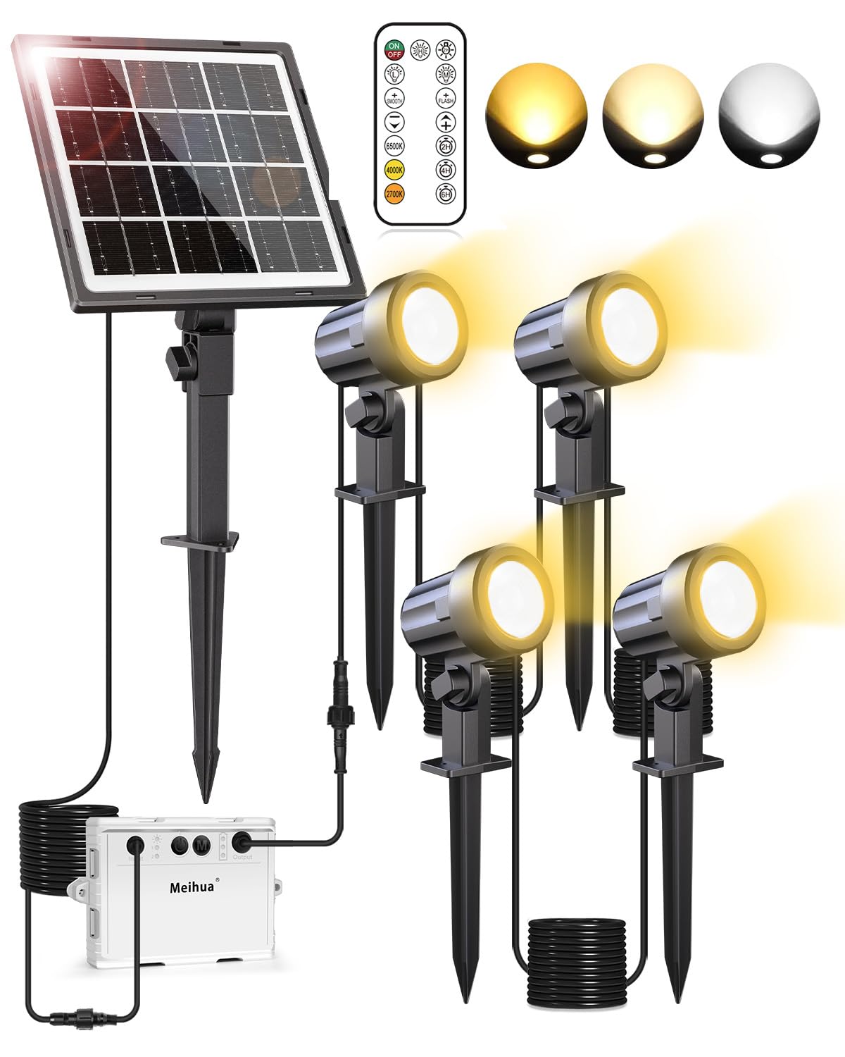 MEIHUA Solar Spot Lights Outdoor Garden, 4 in 1 Solar-Powered Spike Lights with Remote 2700K/4000K/6500K, 2 Modes 3 Brightness IP66 Waterproof Solar Landscape Spotlights for Yard Lawn Tree Statue