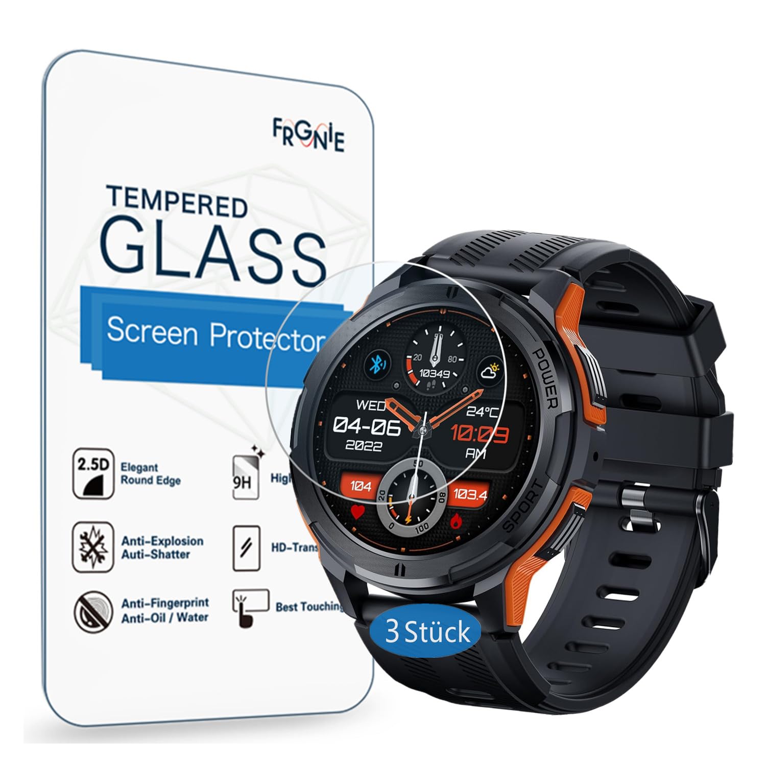 Frgnie Screen Protector Compatible with OUKITEL BT10 Smartwatch 1.43 Inch (Pack of 3) 9H Hardness Tempered Glass Screen Protector for BT10 Smartwatch