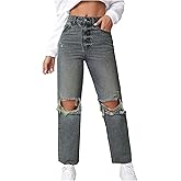 SweatyRocks Women's High Waist Ripped Distressed Cropped Jeans Straight Leg Denim Pants