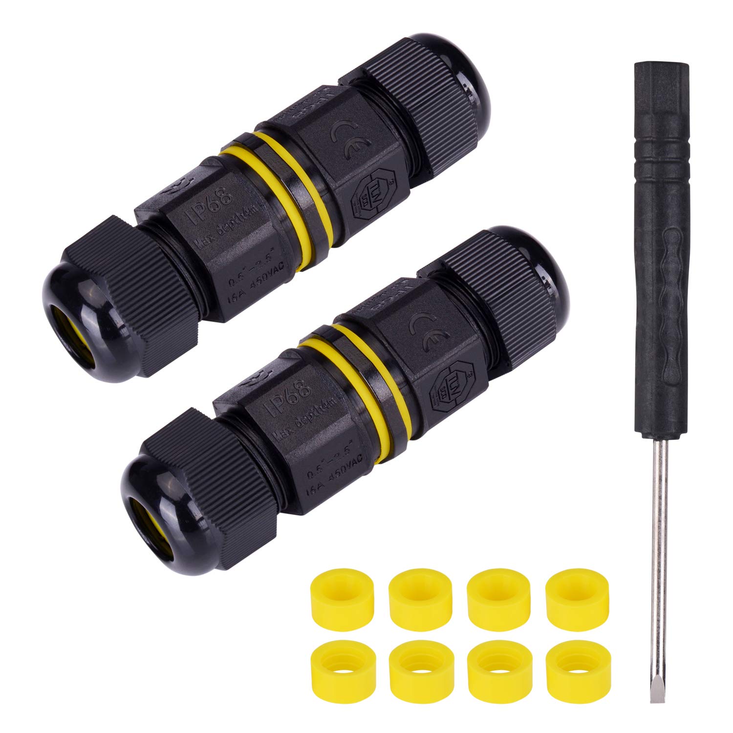 Waterproof Junction Box Outdoor Cable Connector, 4Pole IP68 Connector External Sleeve Coupler Ø5mm-12mm (2-Pack Black, PVC)
