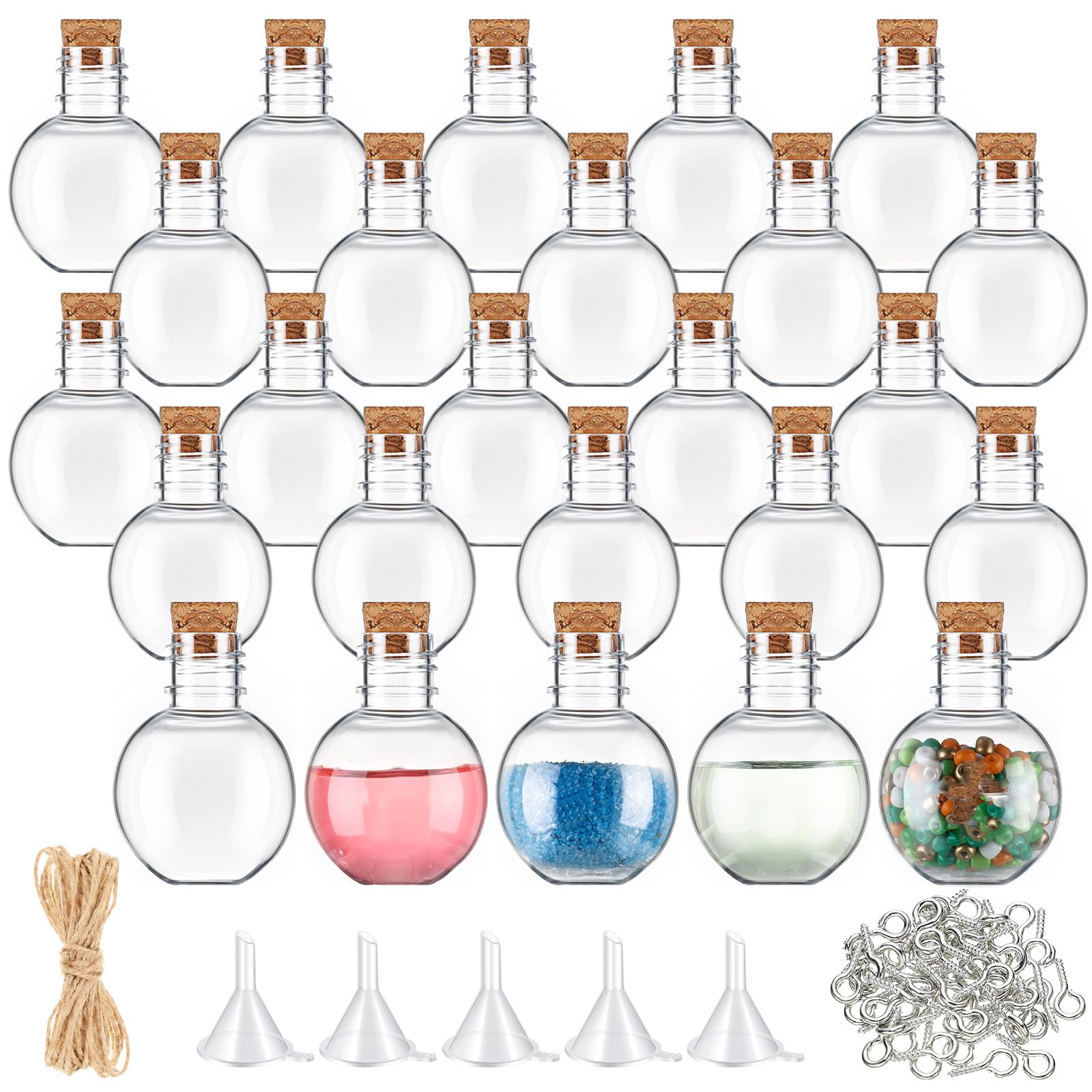 Photo 1 of Bokon 25 Pack 1oz Plastic Mini Potion Bottles with Corks Spherical Small Sand Art jar Tiny Clear Ball Shape Liquor Bottles Bulk Wishing Vial for Birthday Halloween Party Favor DIY Crafts Gift
