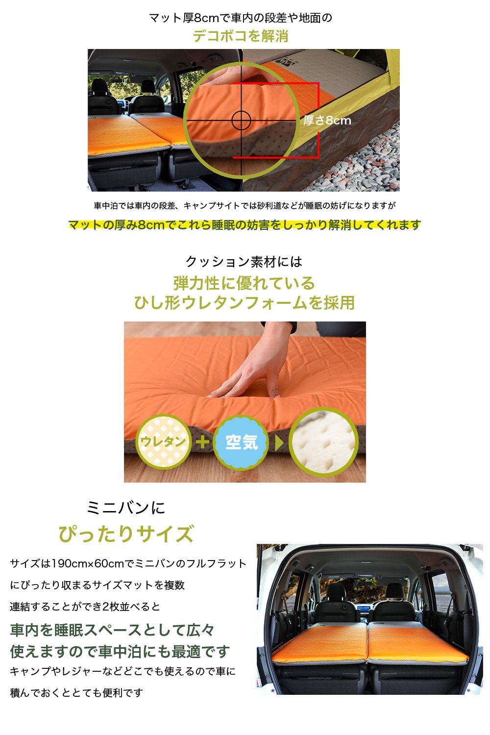 オレンジ Waq キャンプ 2個搭載 耐水加工 アウトドア 寝袋 特大バルブ 防災マット B078z85cz8 キャンピングマット エアーマット 車中泊マット X 軽量 グレー 災害時 特殊ウレタン インフレータブルマット ミニバン 車中泊 厚手 滑止加工 ミニバンにぴったり 自動膨張