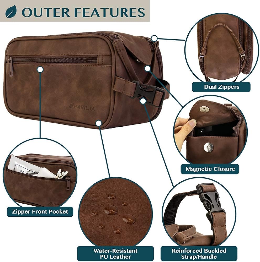 PAVILIA Toiletry Bag for Men, Travel Toiletries Bag | Water-resistant Dopp Kit, PU Leather Shaving Bag Organizer for Toiletry Accessories, Grooming, Hygiene, Cosmetic (Brown): Clothing