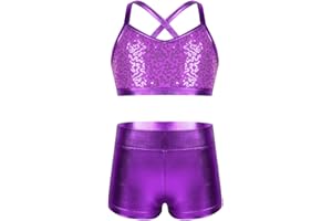 dPois Kids Girls Dance Outfit Strappy Crop Top Sequin Dance Tank and Shiny Metallic Shorts Set Hip Hop Streetwear