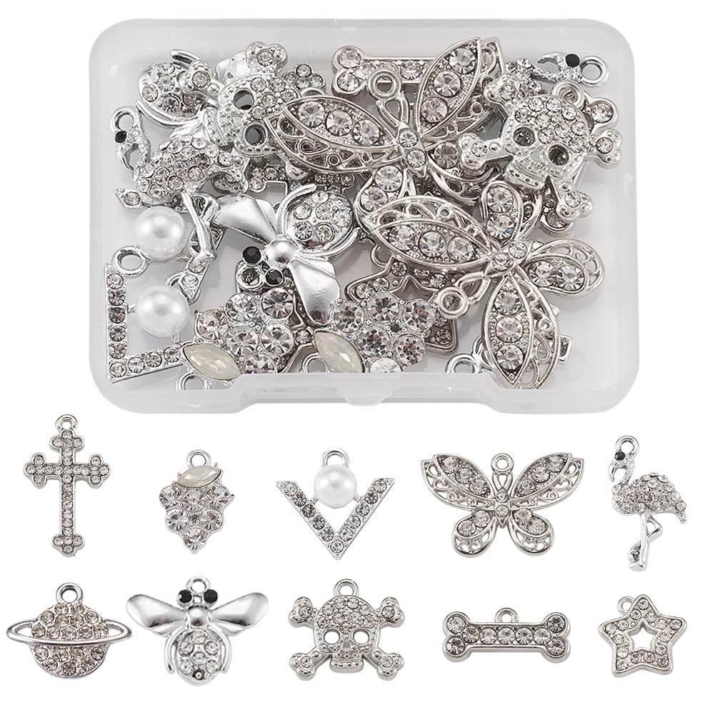 Craftdady 20Pcs Rhinestone Pendants with Alloy Findings Butterfly V-Shape Cross Flamingo Bone Star Bees Grapes Skull Awareness Ribbon Crystal Charms Sets for Jewelry Making