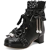 LUXMAX Women Lace Up Ankle Boots with Bow Kawaii Shoes Chunky Mid Heel Japanese Cosplay Shoes Platform Cute Lolita Boots