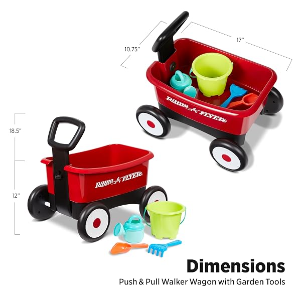 RADIO FLYER PUSH & PULL WALKER WAGON WITH GARDEN TOOLS, RED, FOR KIDS 1-4 YEARS OLD, LOCKING HANDLE FOR STABILITY, BABY PUSH WALKER CONVERTS TO PULL WAGON, FOR INDOOR & OUTDOOR PLAY, AMAZON EXCLUSIVE