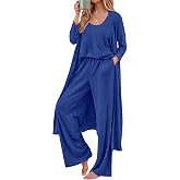 KIRUNDO 3 Piece Lounge Sets for Women Airport Travel Outfit | 3 Piece Matching Set Fall Outfits, Long Cardigan, Tank Top, Wide Leg Pants Loungewear, Postpartum Going Home, Vacation Flight