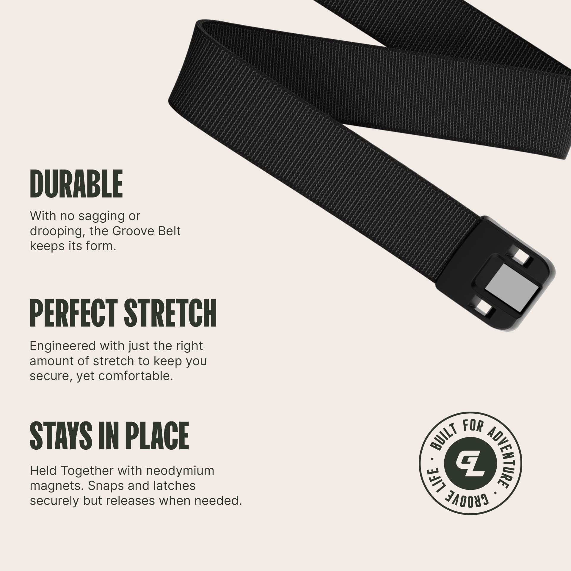 Groove Life Groove Belt Low Profile - Men's Stretch Nylon Belt with Magnetic Aluminum Buckle, Lifetime Coverage