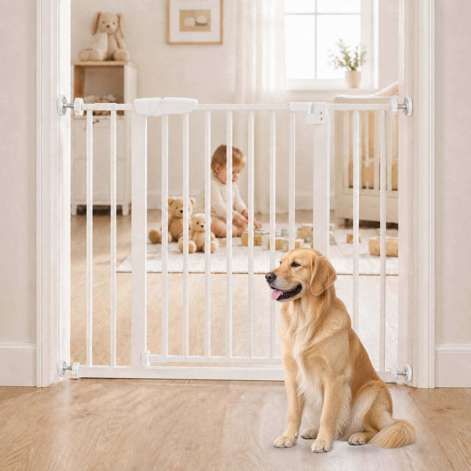 DUMOS 30-40.5" Baby Gate for Stairs & Doorways, Auto Close, White | 2 extensions included, one-hand open, swings both ways, s