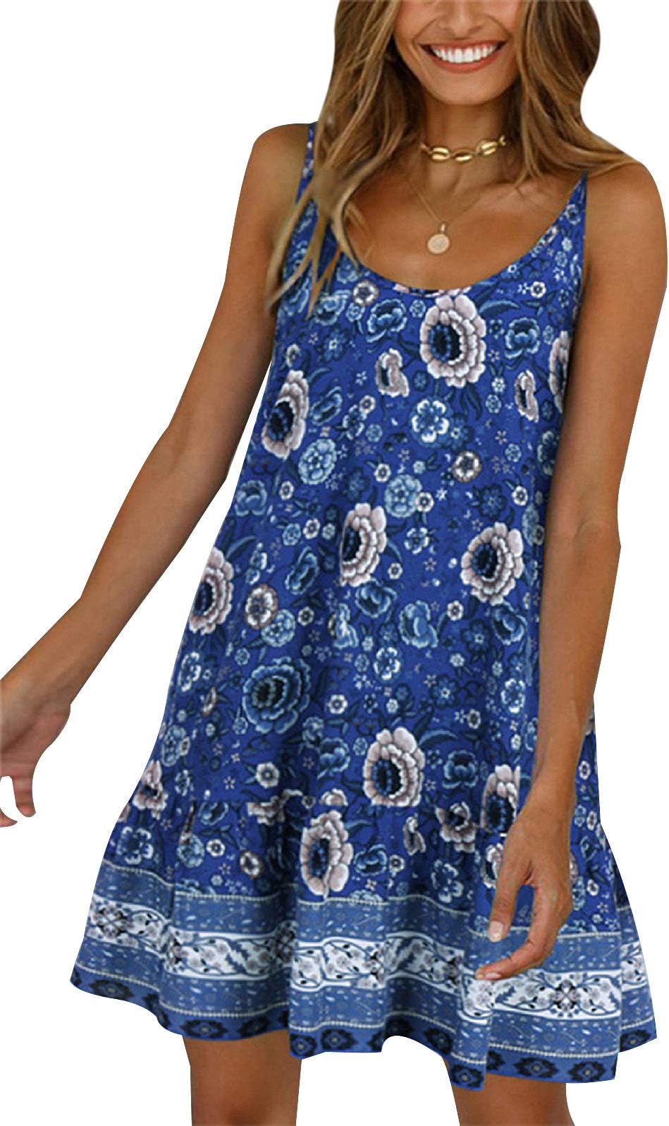 SHIBEVER Women's Summer Sexy Floral Printed Dress Adjustable Spaghetti Strap Mini Beach Casual Ruffle Swing Boho Sundress