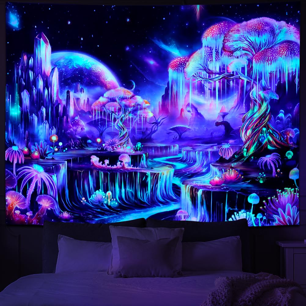 Photo 1 of Obsecolors Blacklight Tapestry Fantasy Tree of Life Tapestry UV Reactive Galaxy Space Tapestries Colorful Plant Floral Mountain Landscape Tapestries Wall Hanging for Bedroom