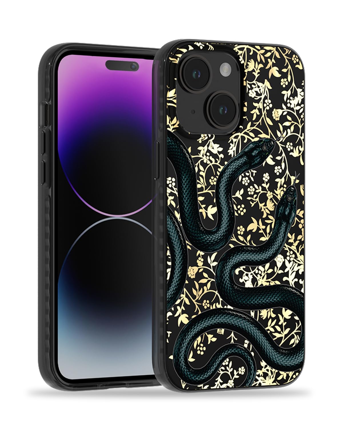 SCORPIFY for iPhone 15 Case [Compatible with MagSafe] with Matte Black Double Snake Design, Cute Magnetic Phone Cover for Women Girls and Men, Slim Shockproof Bumper with Gold Accents — image 1