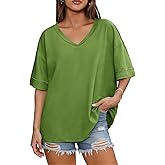 Tankaneo Womens V Neck Oversized Tshirts Summer Casual Short Sleeve Shirts Baggy Loose Fit Tees Tunic Tops