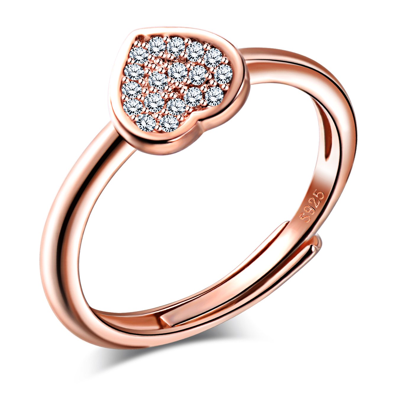 Infinite U Rose Gold Classic Heart 925 Sterling Silver Cubic Zirconia Band Ring Wedding Promise Engagement Open Ring, Adjustable Size J-P