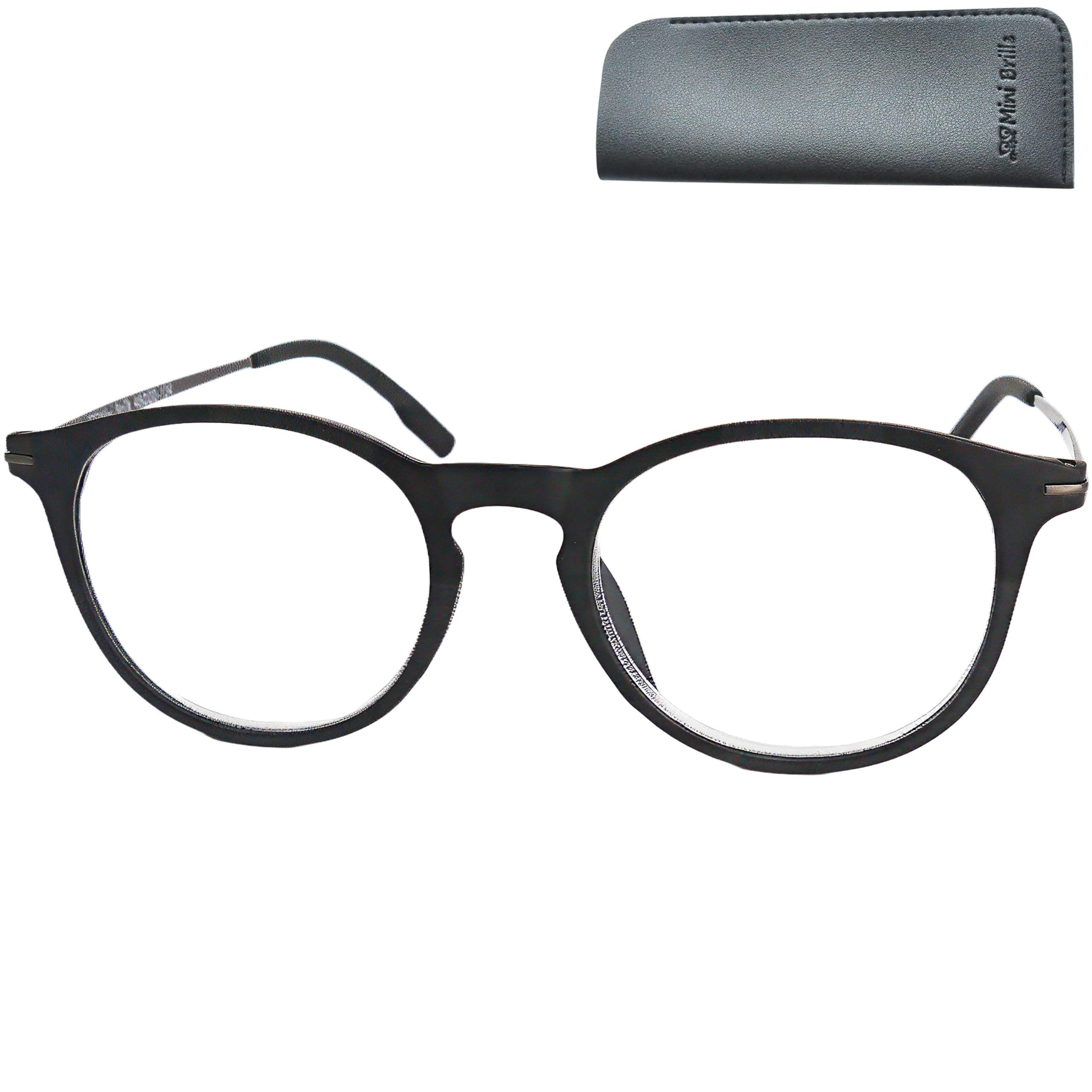 Mini Brille - Nerd Reading Glasses with Large Round Lenses, FREE Pouch, Plastic Frame with Metal Temples (Black), Men and Women Reading Glasses + 2.00 Magnification