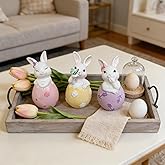 Cynkeyee Easter Decorations Bunny Figurine - Set of 3 Resin Bunnies Easter Eggs Base, Pink, Yellow, Purple Bunny for Table Decor Office Gift for Woman Easters Decorations for The Home 1.5x2x3.5 Inch