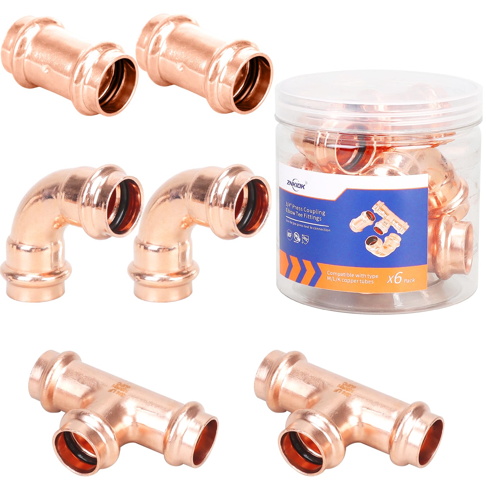 Photo 1 of (Znkiok® 6 Pack Set)3/4" Copper Propress Fittings Zero Lead,2 Each 3/4 Inch Press Coupling With Stop,Press 90 Degree Elbow,Press Tee,UPC,NSF/ANSI 61 Certified.