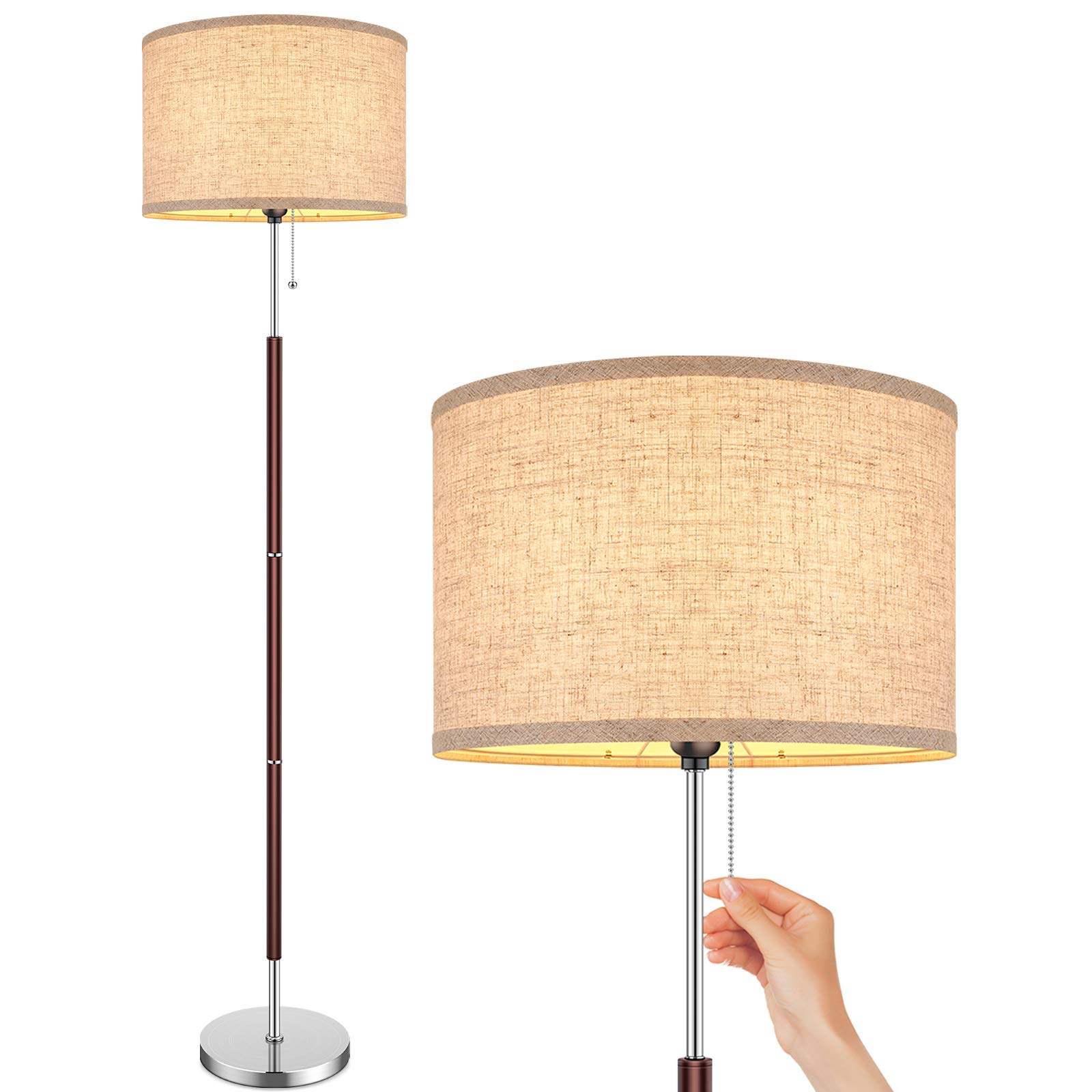 Modern Floor Lamp for Bedroom - Stand Up Reading Lamps for Living Room, ContemporaryOffice Lighting with Beige Drum Fabric Shade, Farmhouse Pole Lamp, Corner Tall Standing Lamp Kids-Pull Chain