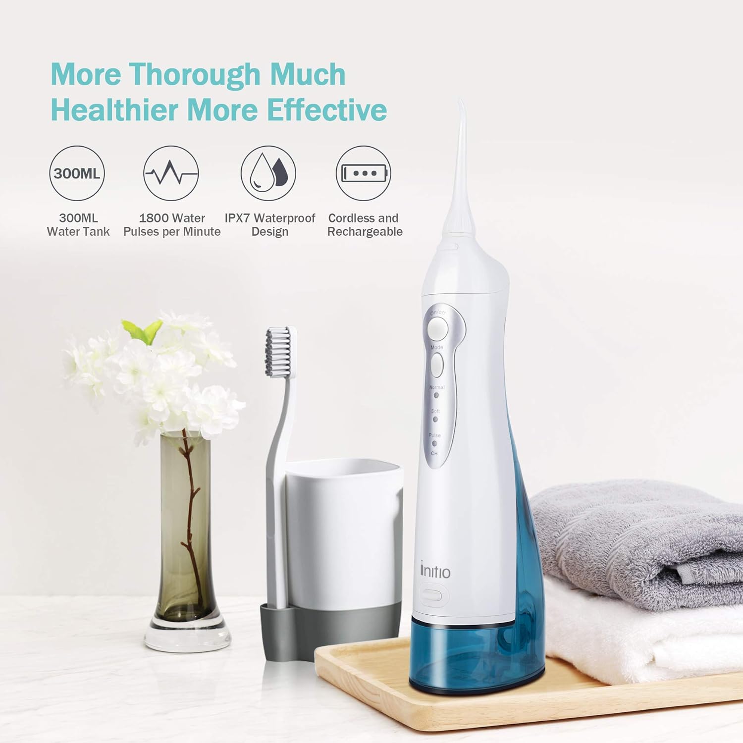 Initio Water Flosser 3 Modes, 300ML Cordless Dental Oral Irrigator, 3 Modes and 6 Jet Tips, IPX7 Waterproof with Travel Bag, Rechargeable Waterproof Teeth Cleaner for Home and Travel: Beauty