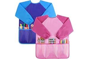 SOCOLER 2 Pack Kids Toddlers Art Smock, Waterproof Children Artist Aprons with Long Sleeve 3 Pockets for Age 2-6 Years
