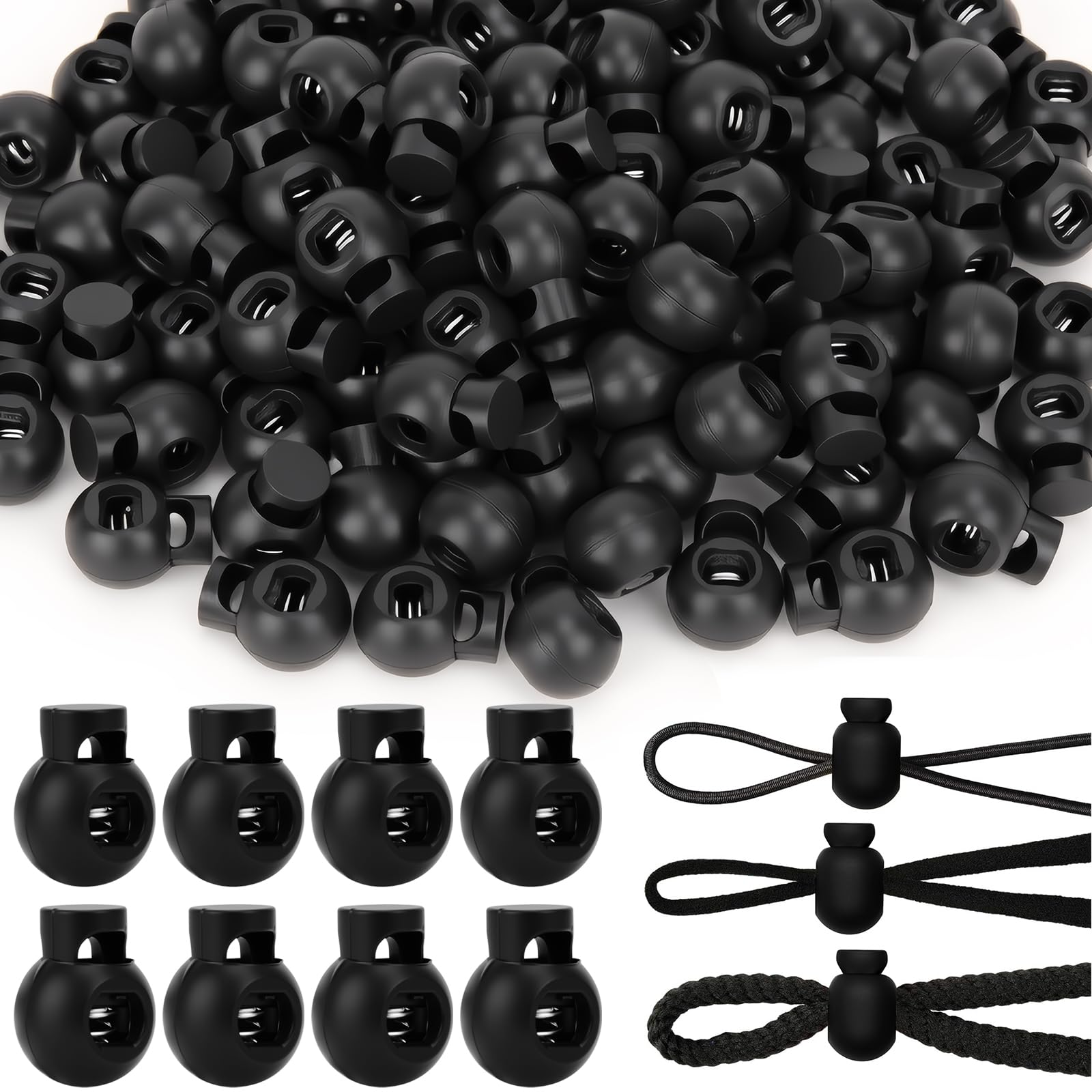Hysagtek 50pcs Plastic Cord Locks End Spring Toggle Stopper Slider for Drawstring Bags Shoelace Paracord Cords(Black)