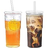2PCS Glass Cups with Lids and Glass Straws, 20OZ Iced Coffee Cups, Home Essential and Coffee Bar Accessories Borosilicate Glass Tumblers with Lid and Straw for Beer, Cocktail, Tea and Latte, Clear