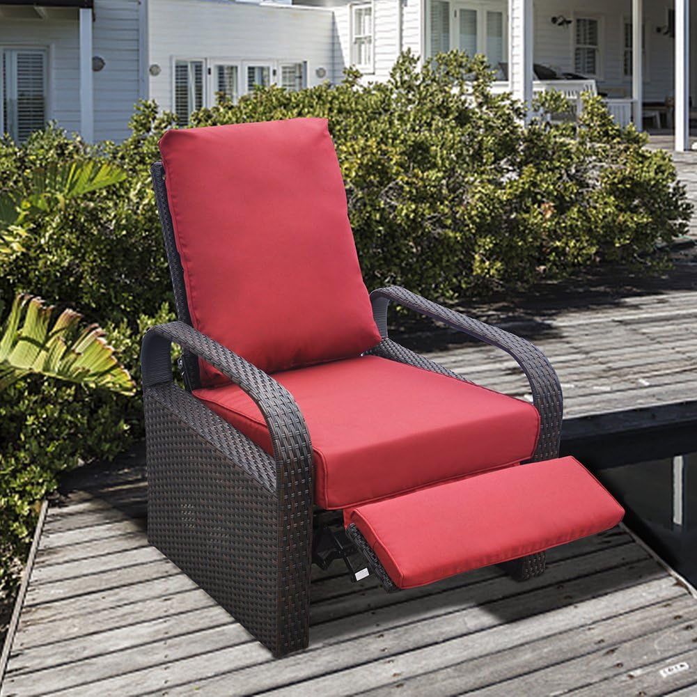 Outdoor Resin Wicker Patio Recliner Chair with Cushions, Patio Furniture Auto Adjustable Rattan Sofa, UV/Fade/Water/Sweat/Rust Resistant, Easy to Assemble (Red) : Garden & Outdoor