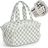 Narwey Travel Toiletry Bag for Women, Checkered Large Makeup Bag, Wide-open Cosmetic Make Up Organizer with Handle, Travel Bag for Toiletries, Essentials, Accessories (Mint Green Checkerboard)