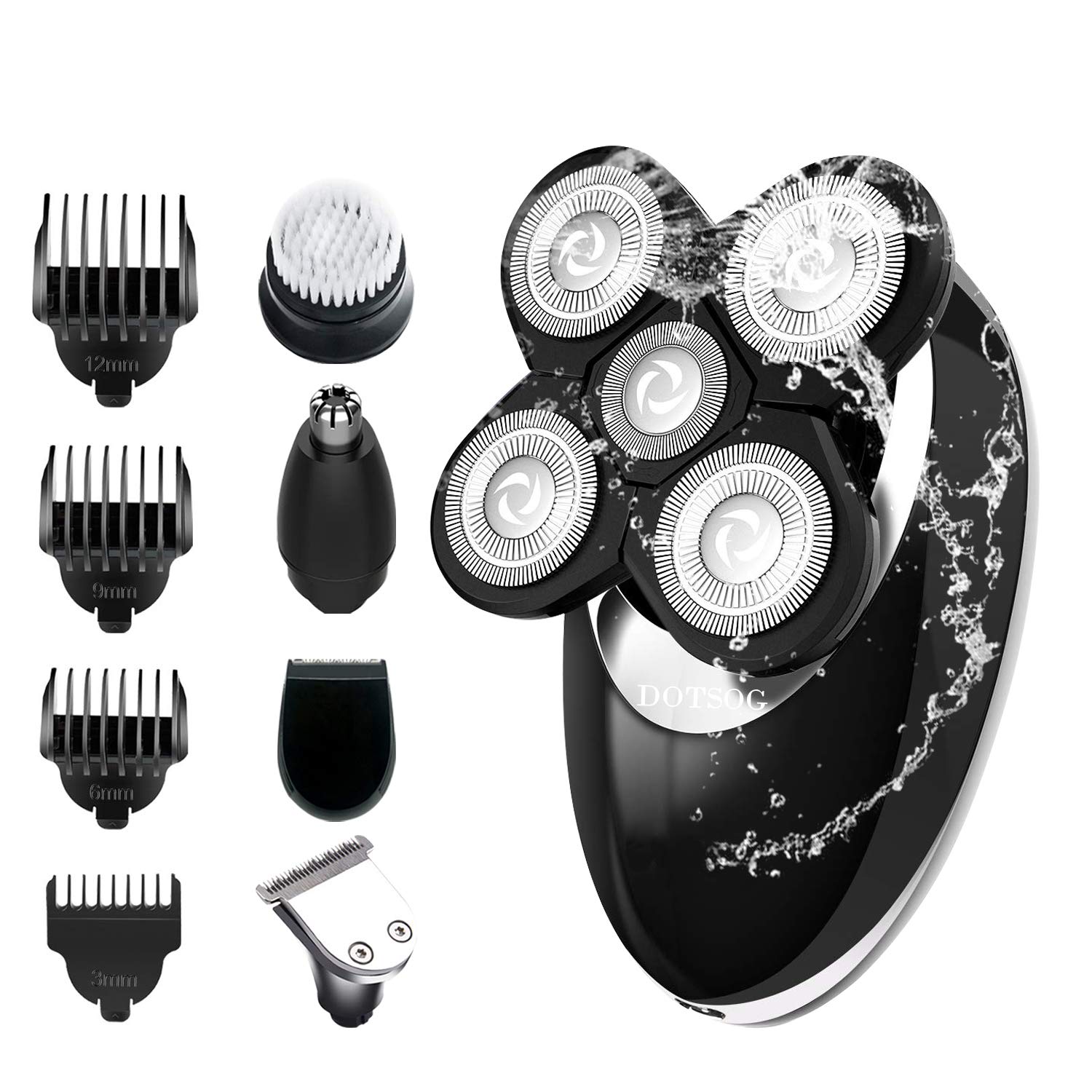 Electric Razor for Men, Waterproof Bald Had Shaver 5 in 1 Kit Beard Trimmer Nose Hair Trimmer Facial Cleaning Brush Hair Clippers, Cordless and USB Rechargeable (Black)