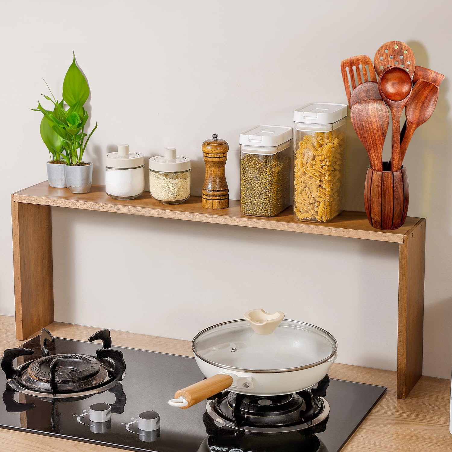 TASKORG Over the Stove Shelf – 31 Inch Wide Dark Acacia Wood Stove Top ...