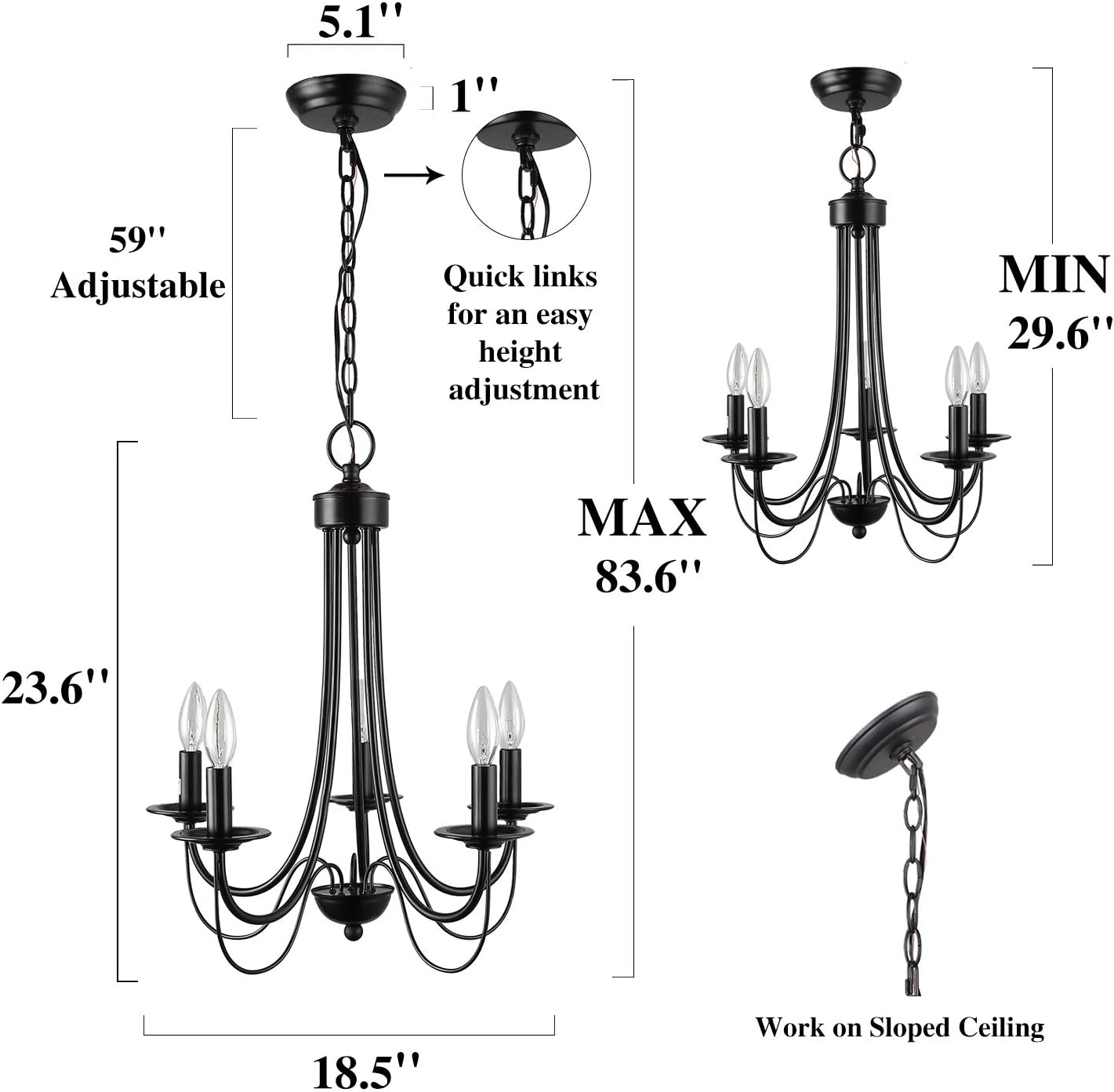 LALUZ Black Chandelier Farmhouse Rustic 5-Light Fixture with 2-Layer for Dining & Living Room, Bedroom, Kitchen and Foyer - - 