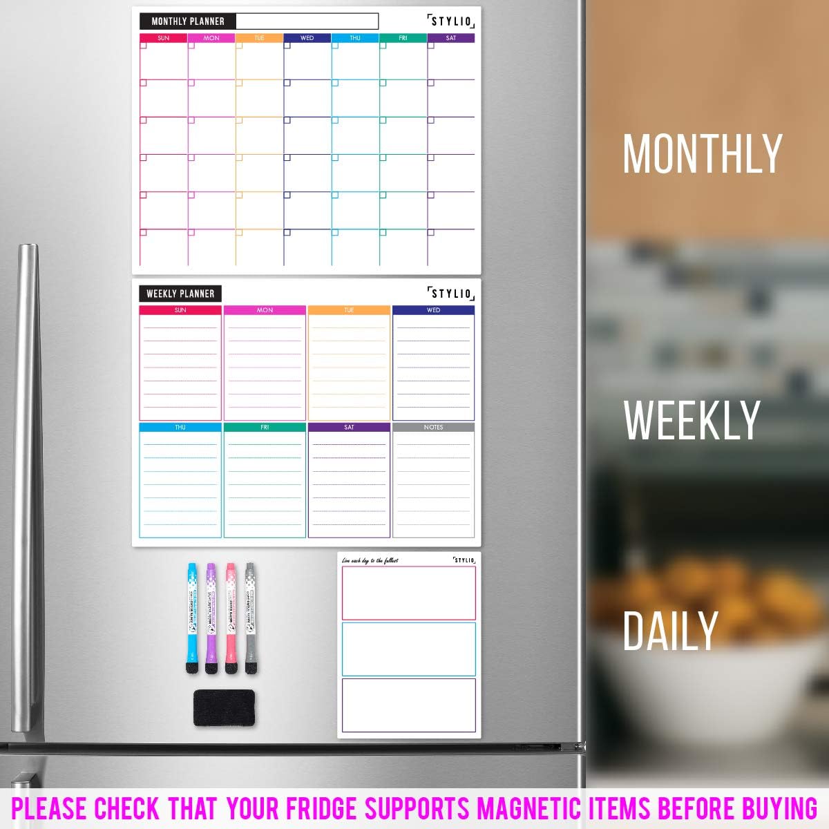 STYLIO Dry Erase Calendar Whiteboard. Set of 3 Magnetic Calendars for Refrigerator: Monthly, Weekly Organizer & Daily Notepad. Wall & Fridge Family Calendar. 4 Fine Point Markers & Eraser Included : Office Products