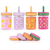 Sursip Toddler Glass Cups with Straw, Spill-Proof Kids Mason Jar Food Storage with Lids, Sippy Cups for Drinks, Smoothies, Snacks, Milk Cup [4 Pack] 8 oz 2-in-1