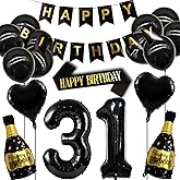 31st Birthday Decoration Set - Black Gold Balloons, Banner, Shoulder Strap & Wine Bottle Balloon