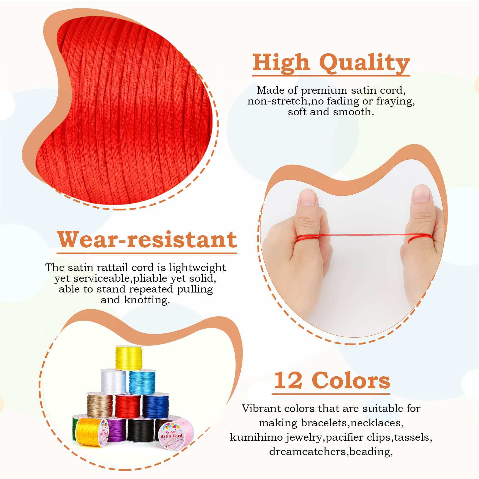 Cridoz 12 Rolls Nylon String for Bracelets, Satin Rattail Silk Cord Silky Beading String for Kumihimo, Braided Bracelets, Pendants Necklace, Macrame Craft, Keychains Lanyards, Jewelry Making