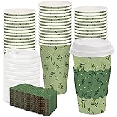 JarThenaAMCS 48 Set Eucalyptus Leaves Disposable Coffee Cups with Lids and Sleeves Green Gold Dot Leaves Paper Cups for Birthday Wedding Party Supplies