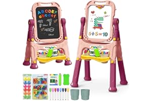Juivin Art Easel for Kids with Magnetic Drawing Board, Double Sided with Magnetic Letters & Numbers, Adjustable Standing Easel for Toddler, Creative Play (Pink)