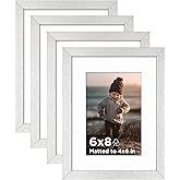 KINLINK 6x8 Picture Frame Silver Set of 4, Wooden Photo Frames Matted 4x6 with Plexiglass for 4x6 with Mat or 6x8 without Mat for Table and Wall Display
