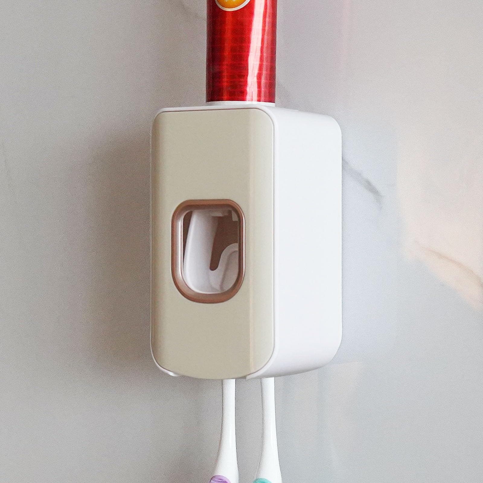 Photo 1 of 2 Slot Toothbrush Holder and Toothpaste Dispenser Wall Mounted, Automatic Toothpaste Squeezer, 2 in 1 Tooth Brush Toothpaste Organizer for Shower (Ivory Yellow)