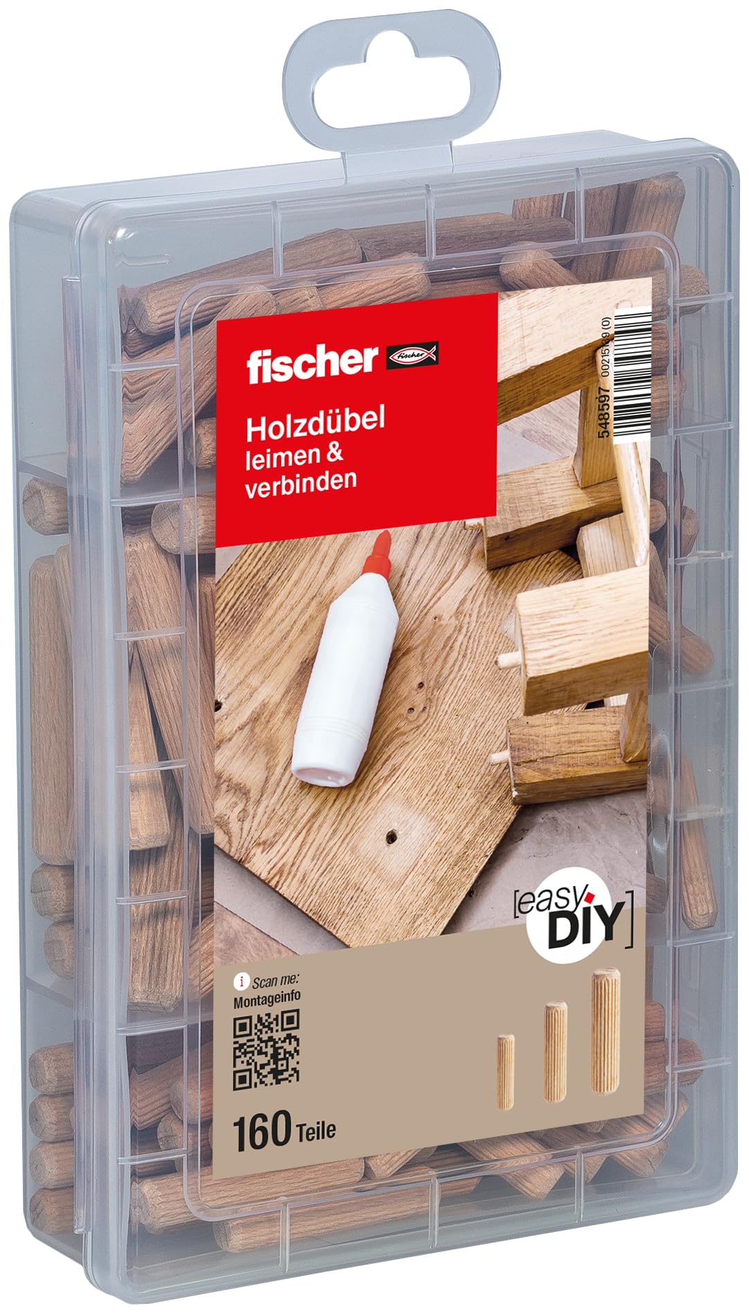 Fischer 548597 Praktische Helfer Gluing Box, Secure Connection of Solid Panels Made of Wood-Based Materials, 160 Wooden dowels, Practical aid for Garden and Home, único