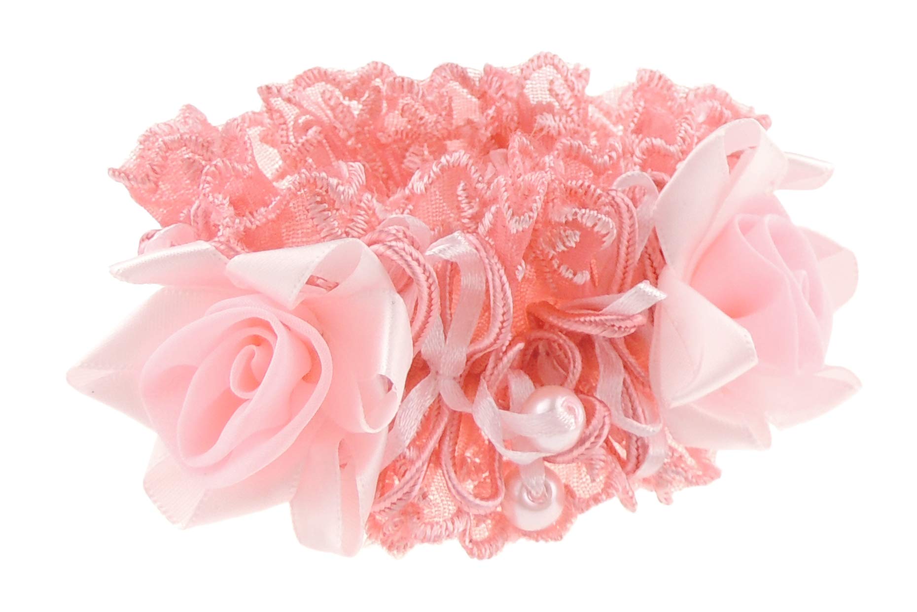 Ladies Girls Chunky Lace & Satin Rosette Hair Tie Elastic Hair Essentials (Pink No Crystal)