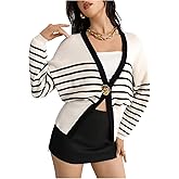MakeMeChic Women's Striped Cardigan Metal Button Long Sleeve V Neck Y2K Sweater