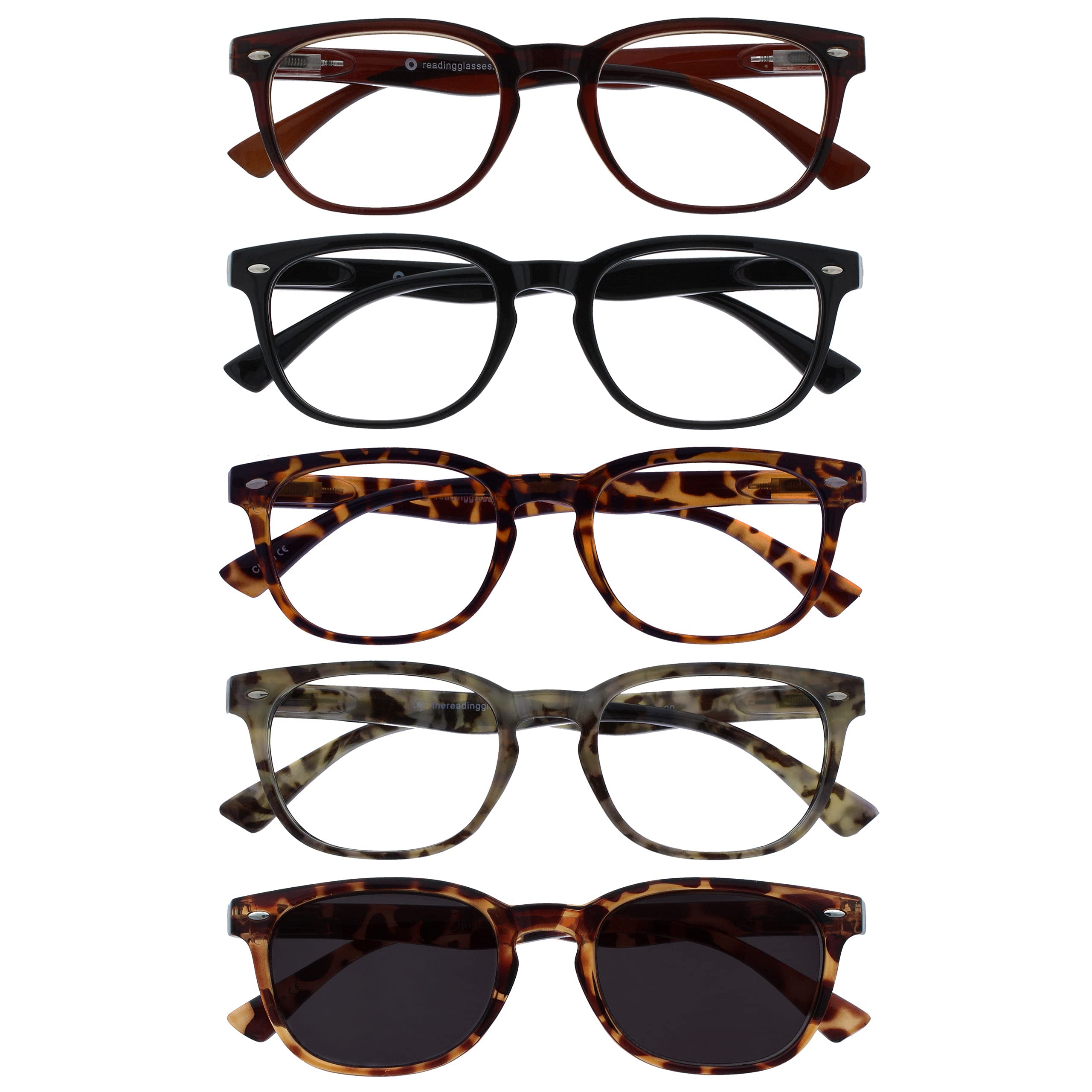 OPULIZE ORA Reading Glasses for Men Women With Reading Sunglasses - 5 Pack - Round Frame - Tinted UV400 Protection Lens - Spring Hinges - Black, DarkBrown, Brown & Grey - BrownSunglasses +2.50