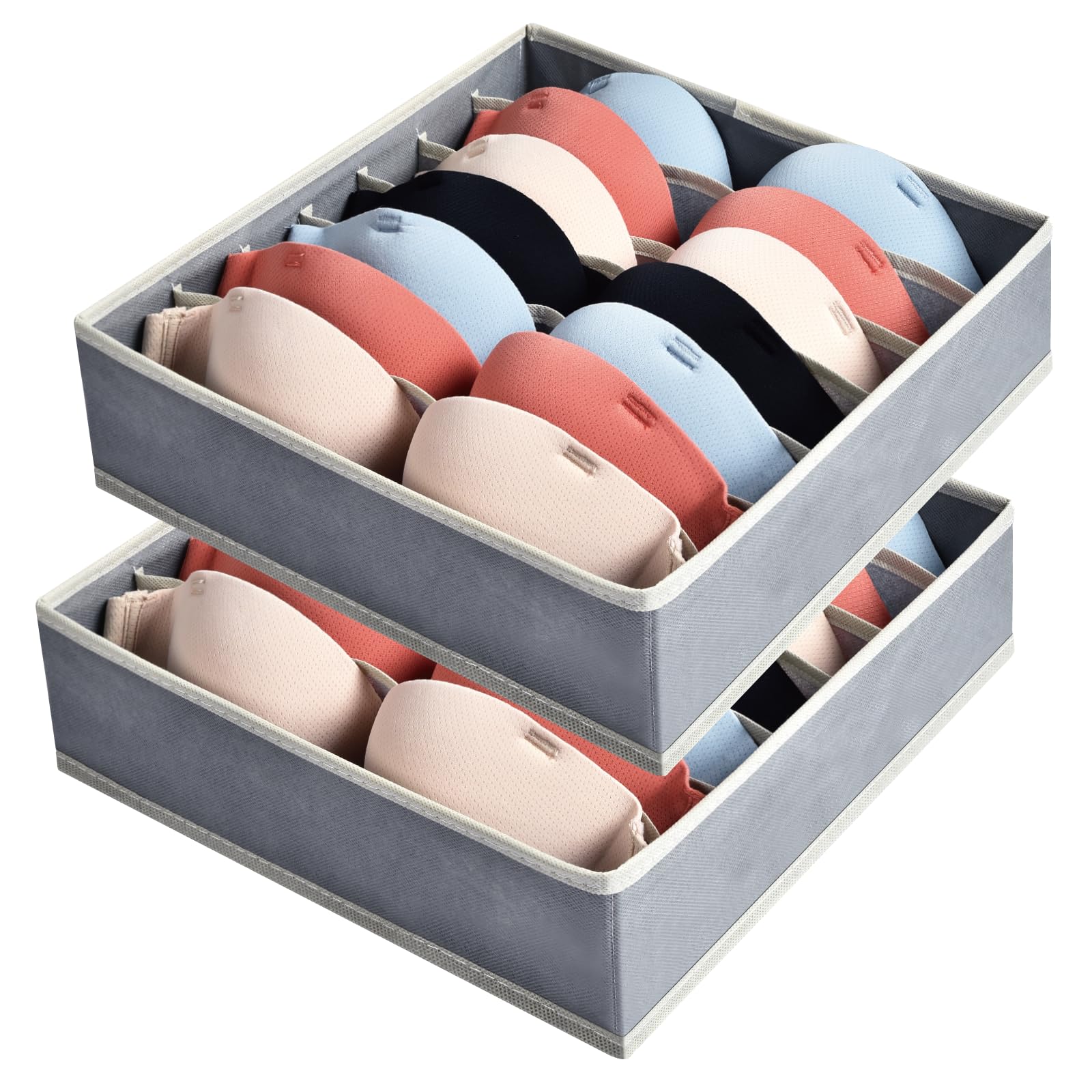 AiQInu Underwear Drawer Organizer Set of 2, Bra Storage Boxes with 7 Compartments, Foldable Cupboard Box Storage Box Drawer for Bra, Ties, Scarf, 30*30*10cm