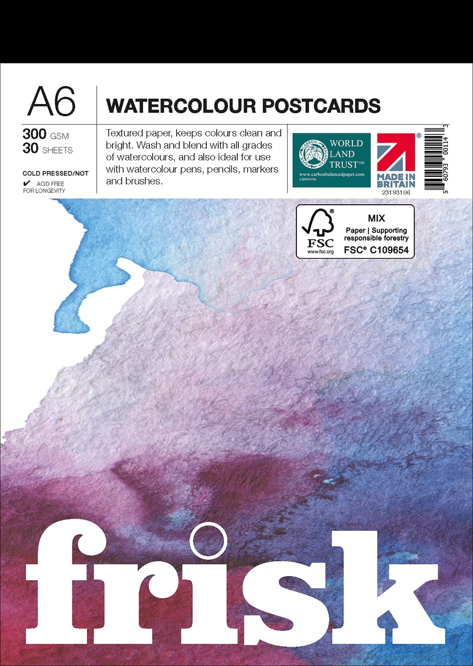 Frisk Watercolour Paper Pad 300gsm Cold Pressed/Not 30sheets A6, White