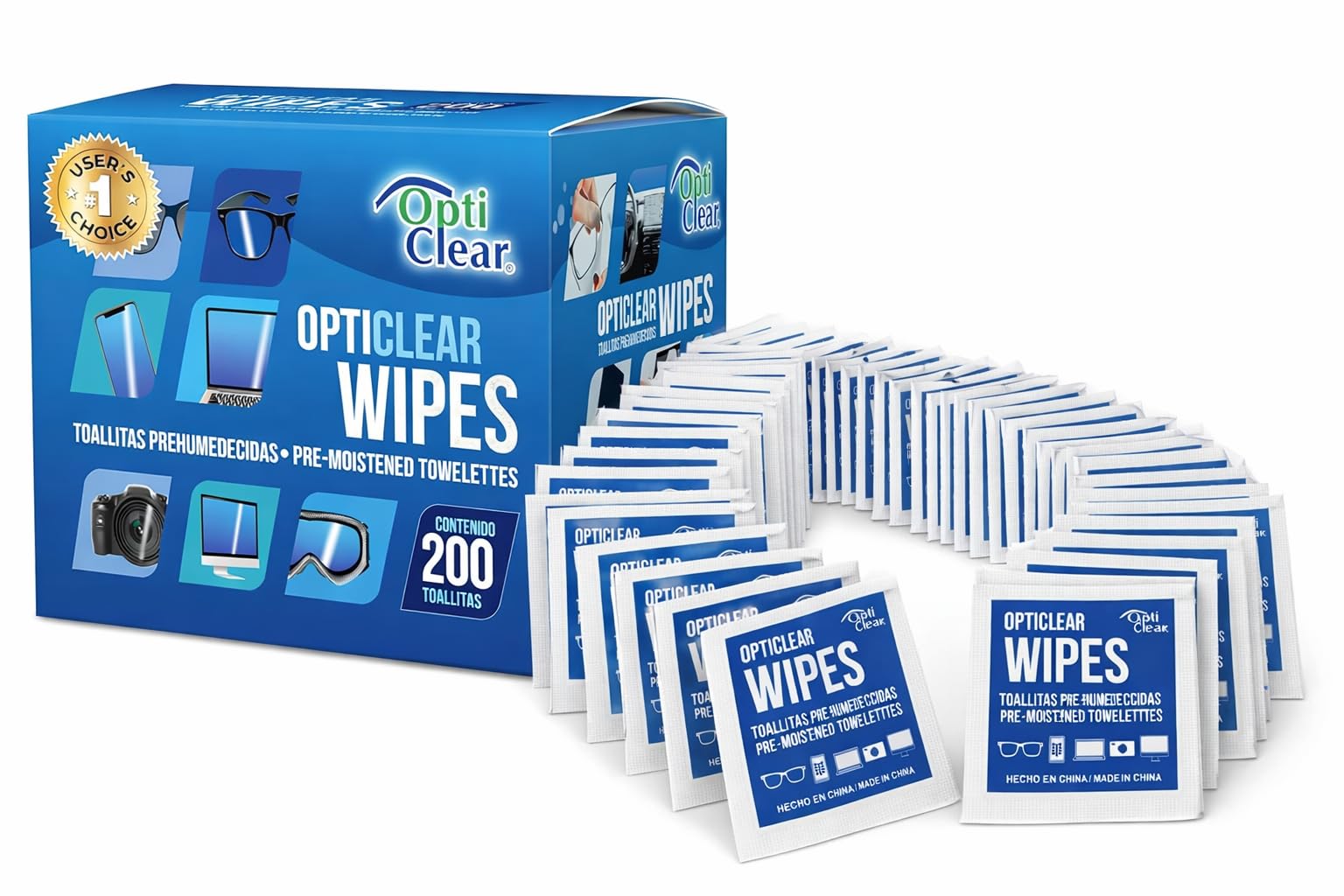 Opticlear® | 200 Toallitas Húmedas Individuales | para Limpiar y cuidar Tus Lentes, cámaras, Pantallas y celulares