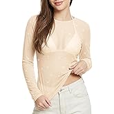Glitter Sheer Mesh Tops for Women Lace Undershirts Mesh Long Sleeve Top Sexy See Through Shirt Sheer Concert Blouse