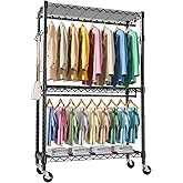 M MZG Heavy Duty Rolling Garment Rack 3 Tiers Adjustable Wire Shelving Clothes Rack with 2 Rods and Side Hooks, Storage Close